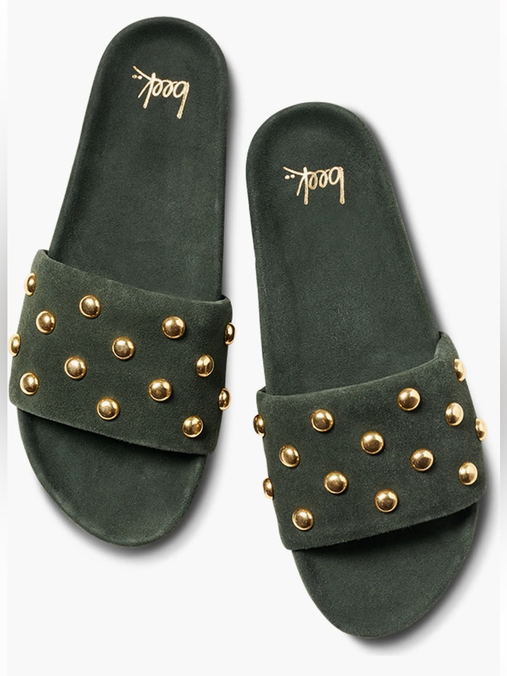 BEEK women 
Gallito Stud Slide Sandal In Green suede
$290 size 12 preowned